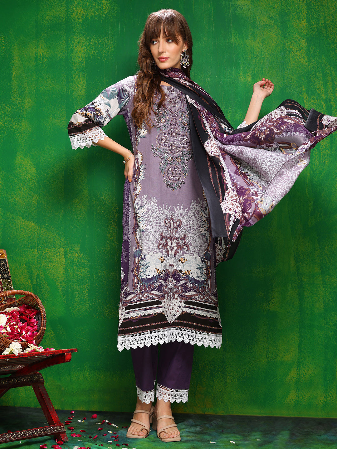 Lavender Pakistani Style Printed Kurta Set with Dupatta