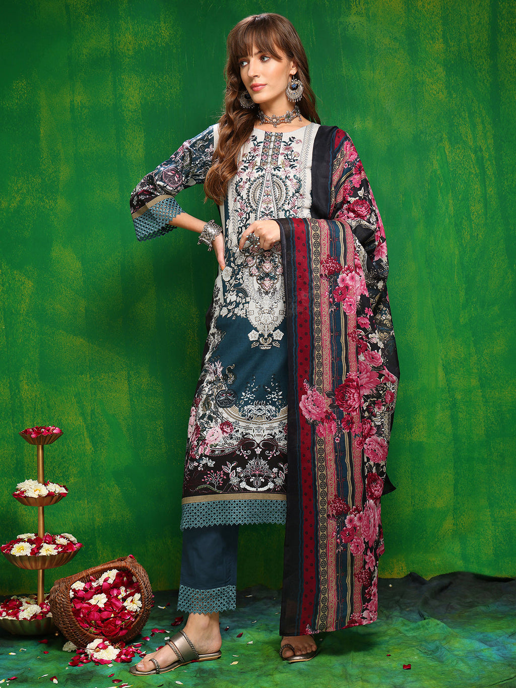 Teal Pakistani Style Printed Kurta Set with Pant and Dupatta