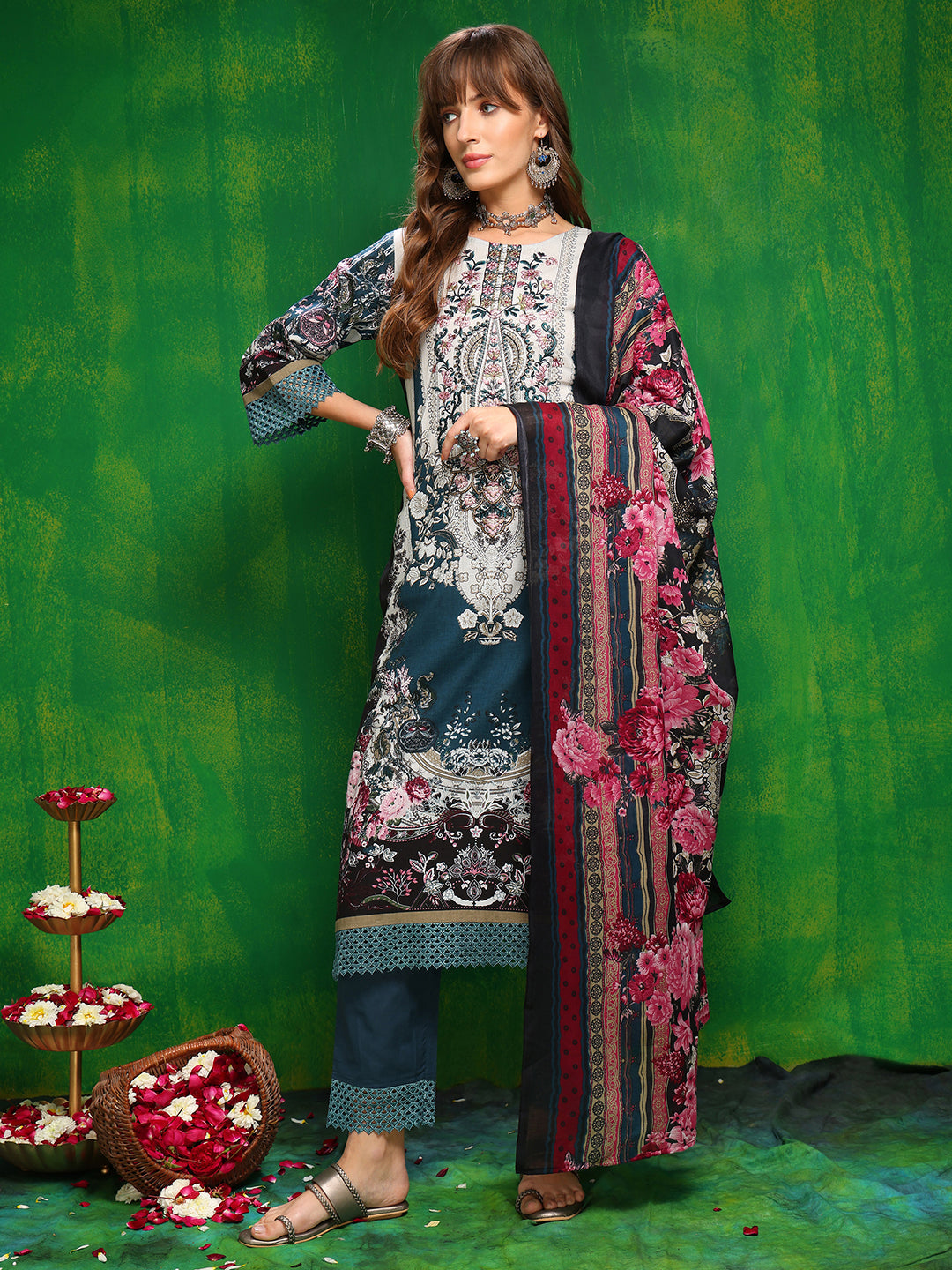 Teal Pakistani Style Printed Kurta Set with Pant and Dupatta