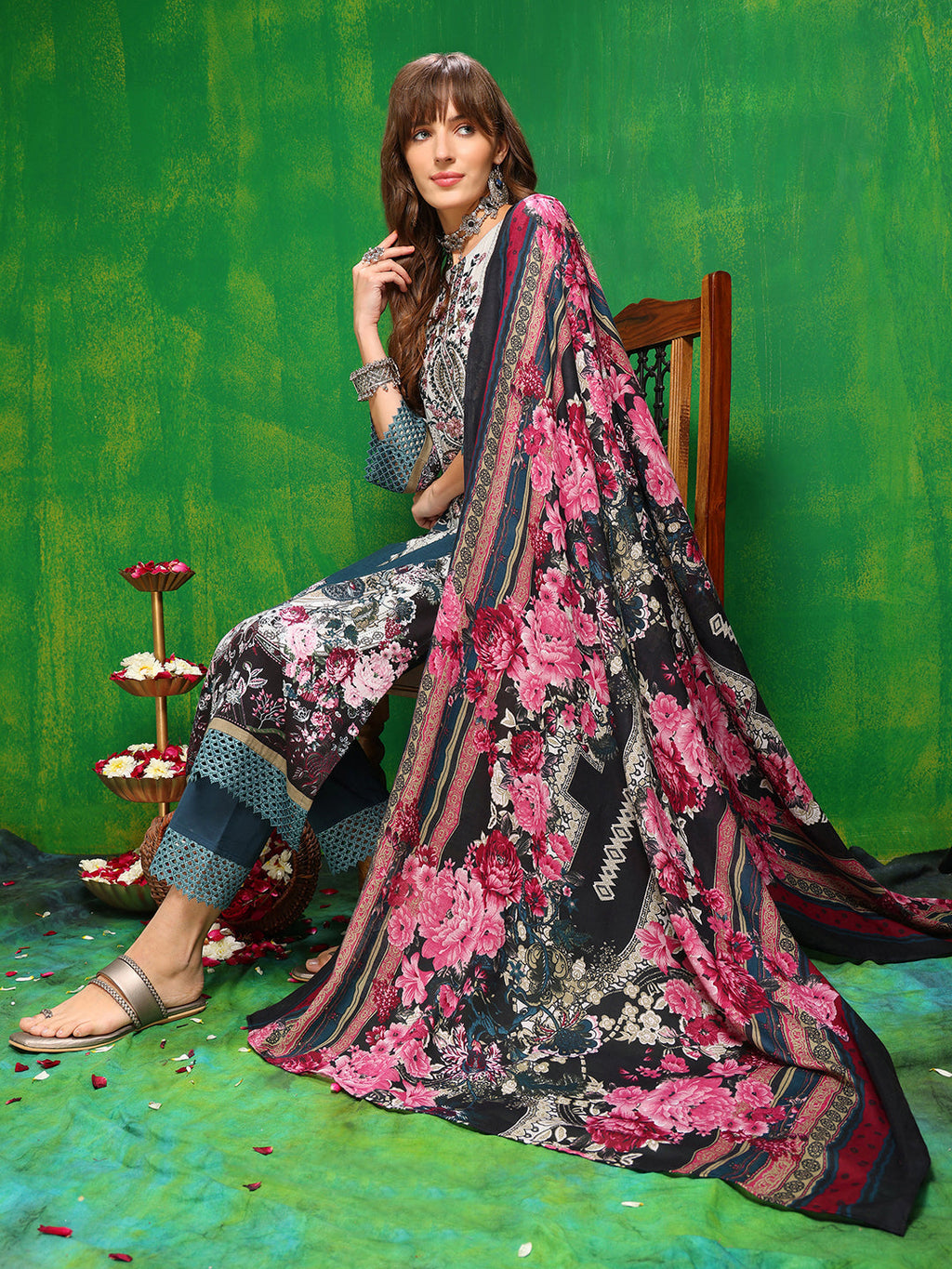 Teal Pakistani Style Printed Kurta Set with Pant and Dupatta
