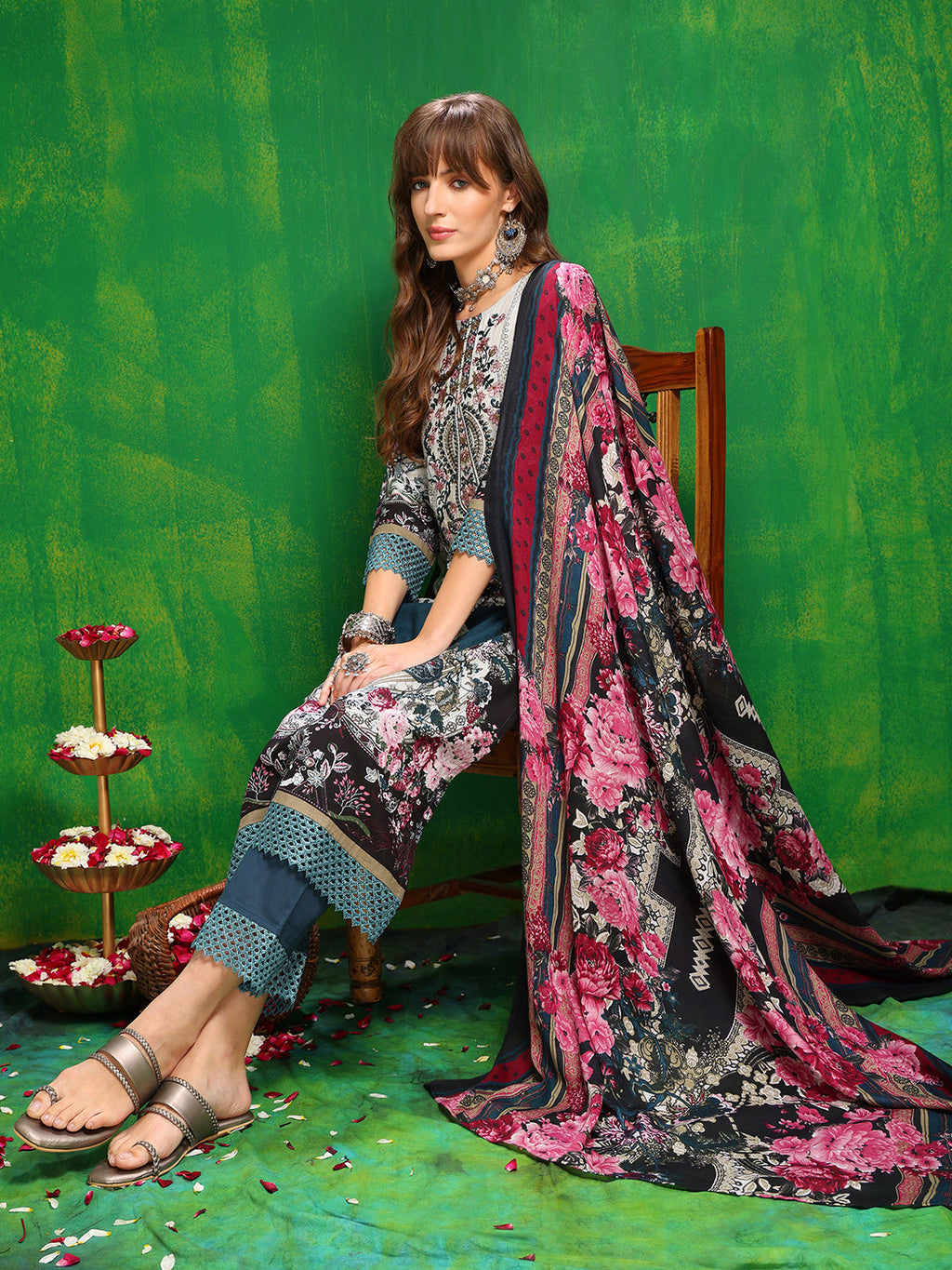 Teal Pakistani Style Printed Kurta Set with Pant and Dupatta