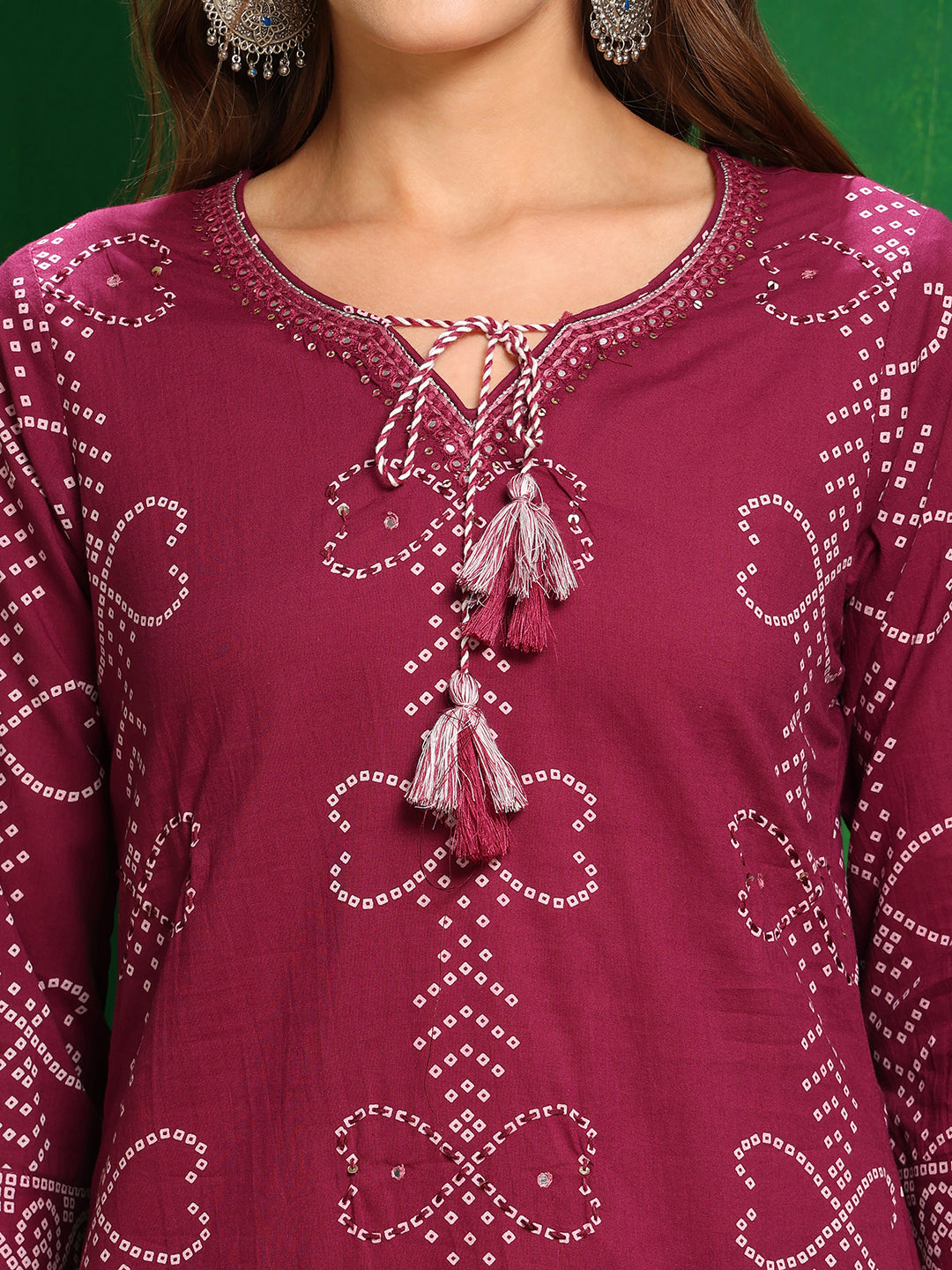 Wine Bandhani Printed and Embroidered Cotton Kurta Set