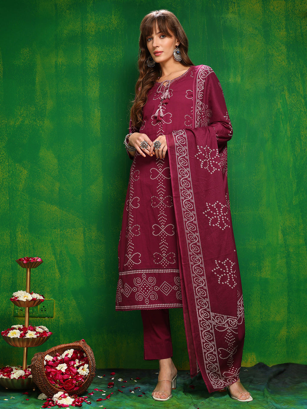 Wine colored Bandhani printed cotton kurta with embroidery and matching dupatta