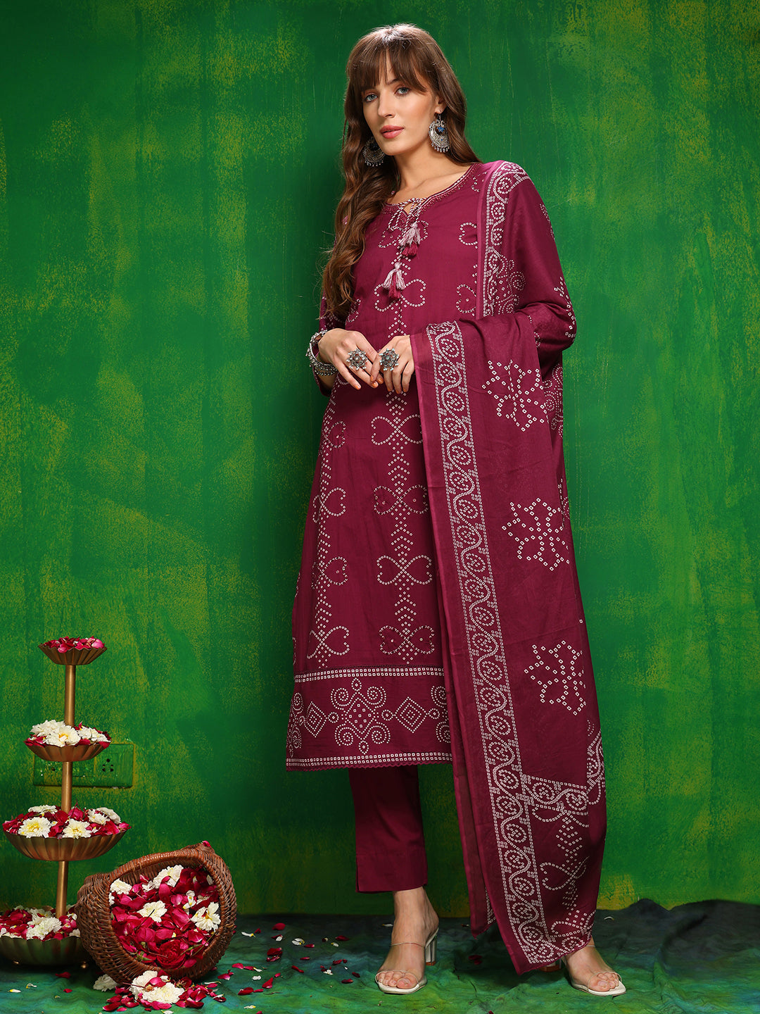 Wine colored Bandhani printed cotton kurta with embroidery and matching dupatta
