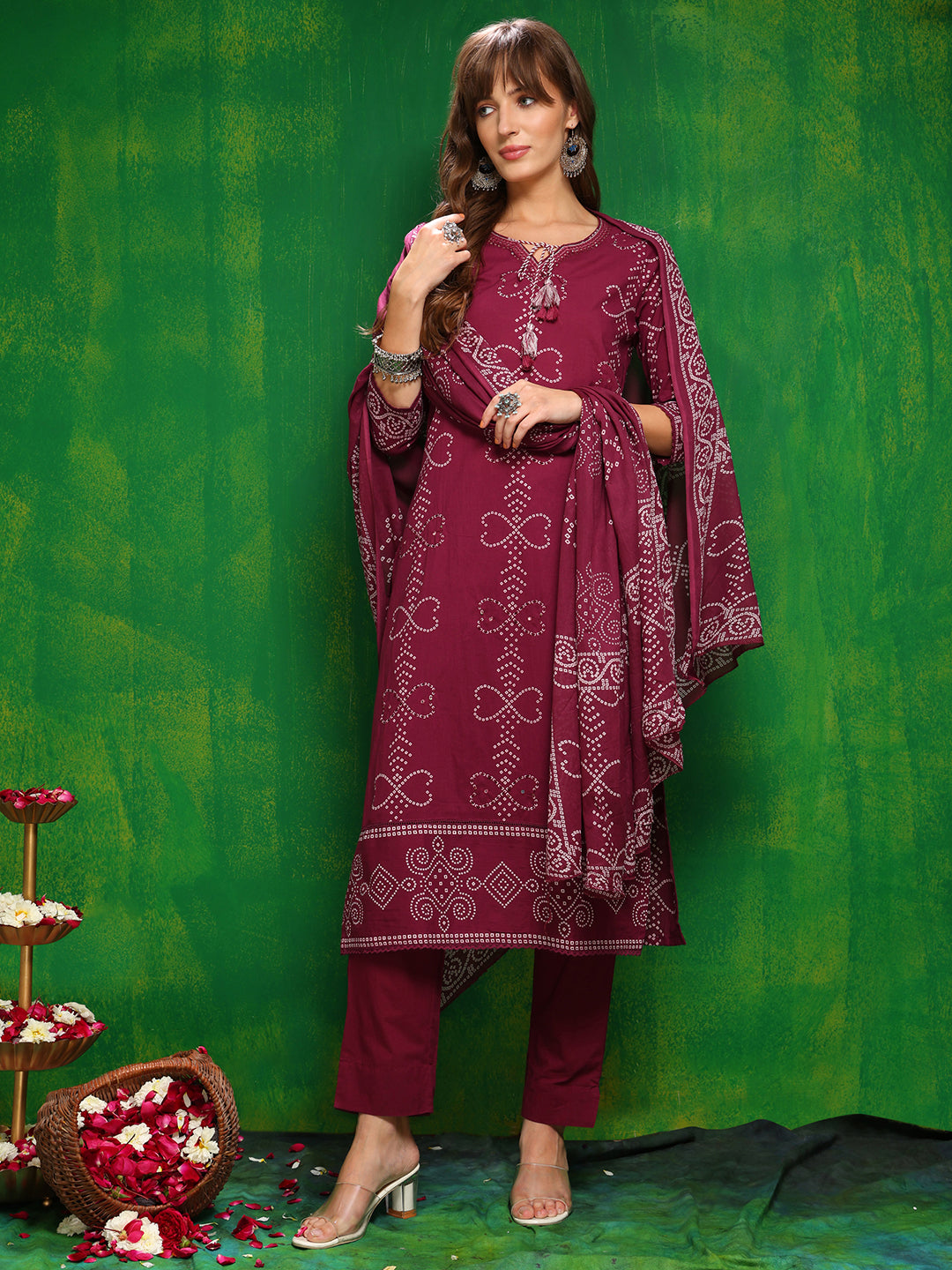Wine Bandhani Printed and Embroidered Cotton Kurta Set