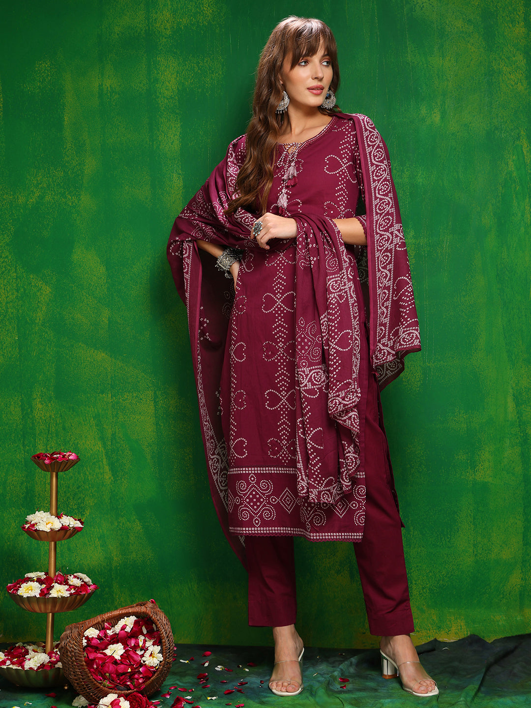 Wine Bandhani Printed and Embroidered Cotton Kurta Set