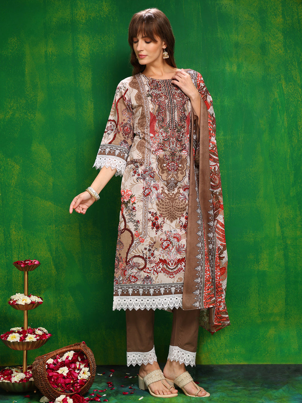 Brown Pakistani printed kurta with matching pants and dupatta in cambric fabric