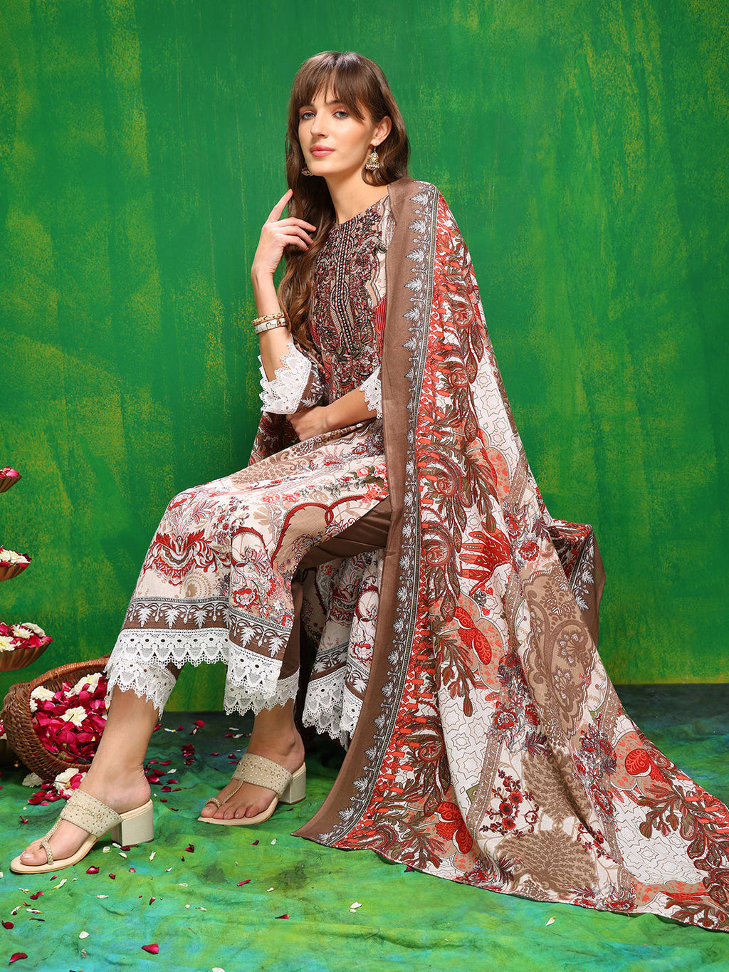 Brown Pakistani Printed Kurta With Pant and Dupatta Set