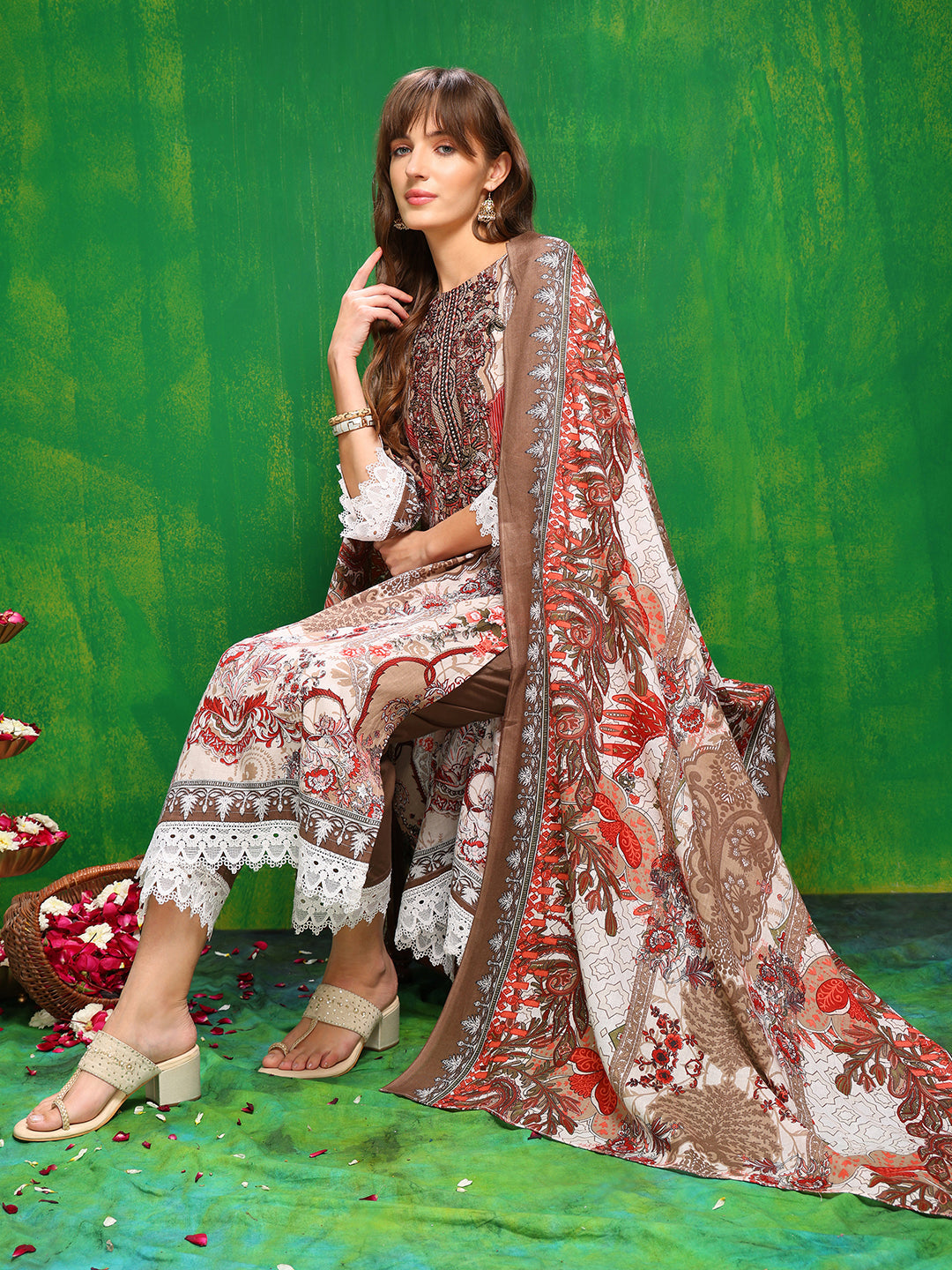 Brown Pakistani Printed Kurta With Pant and Dupatta Set