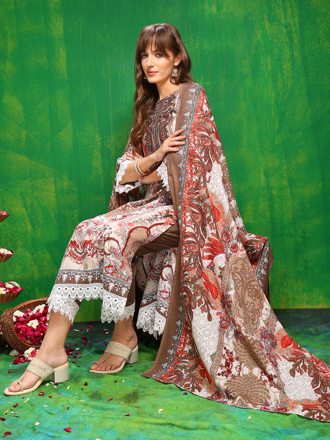 Brown Pakistani Printed Kurta With Pant and Dupatta Set
