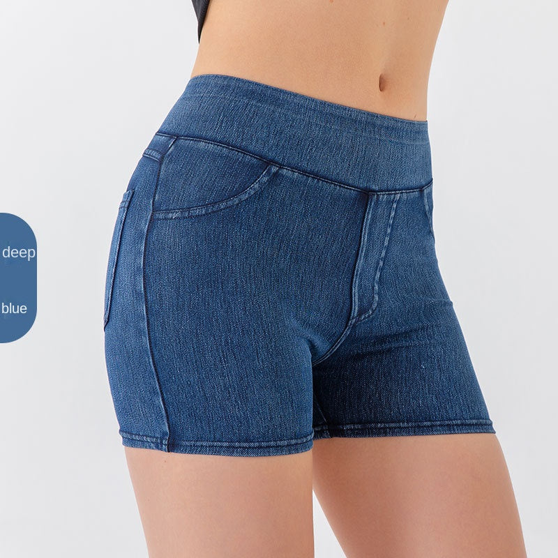 Denim-Look High-Waist Hip-Lifting Yoga Shorts Tummy Control
