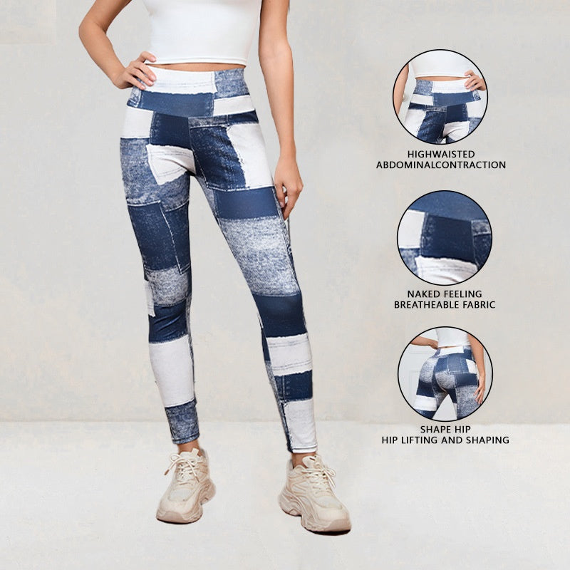 High-Waisted Denim-Look Plaid Peach Print Slim Fit Yoga Pants