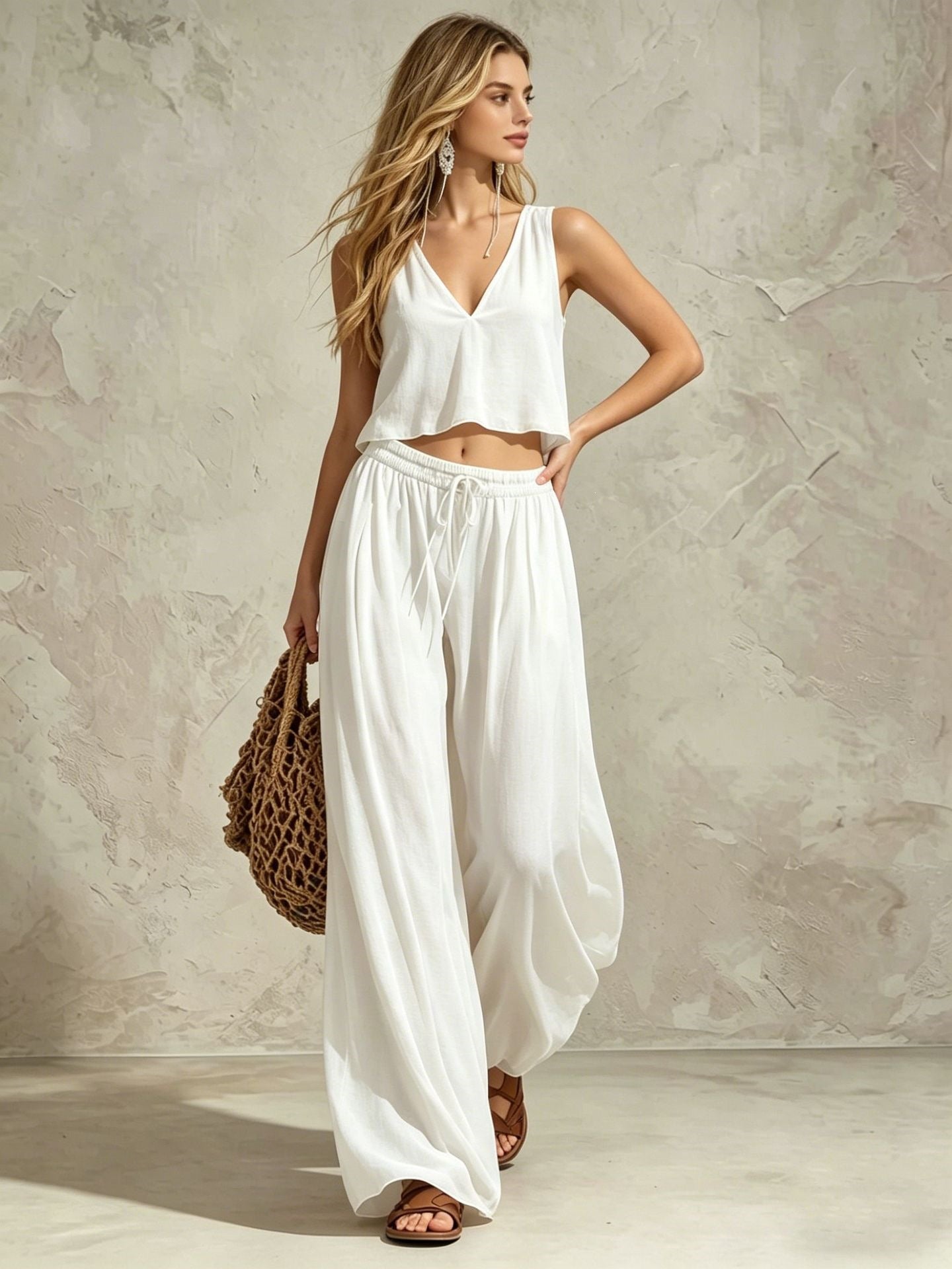 Women's V-Neck Sleeveless Camisole Top and Wide Leg Pants Set