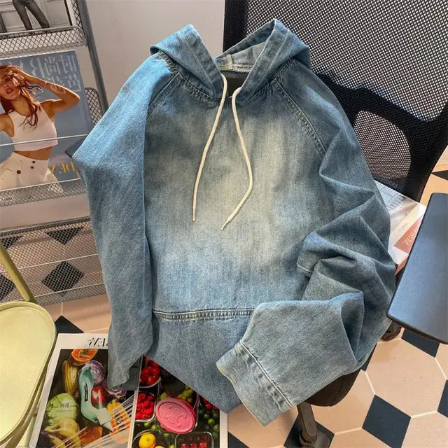 Women's Vintage Wash Denim Hoodie - Harajuku Style Oversized - Image 7