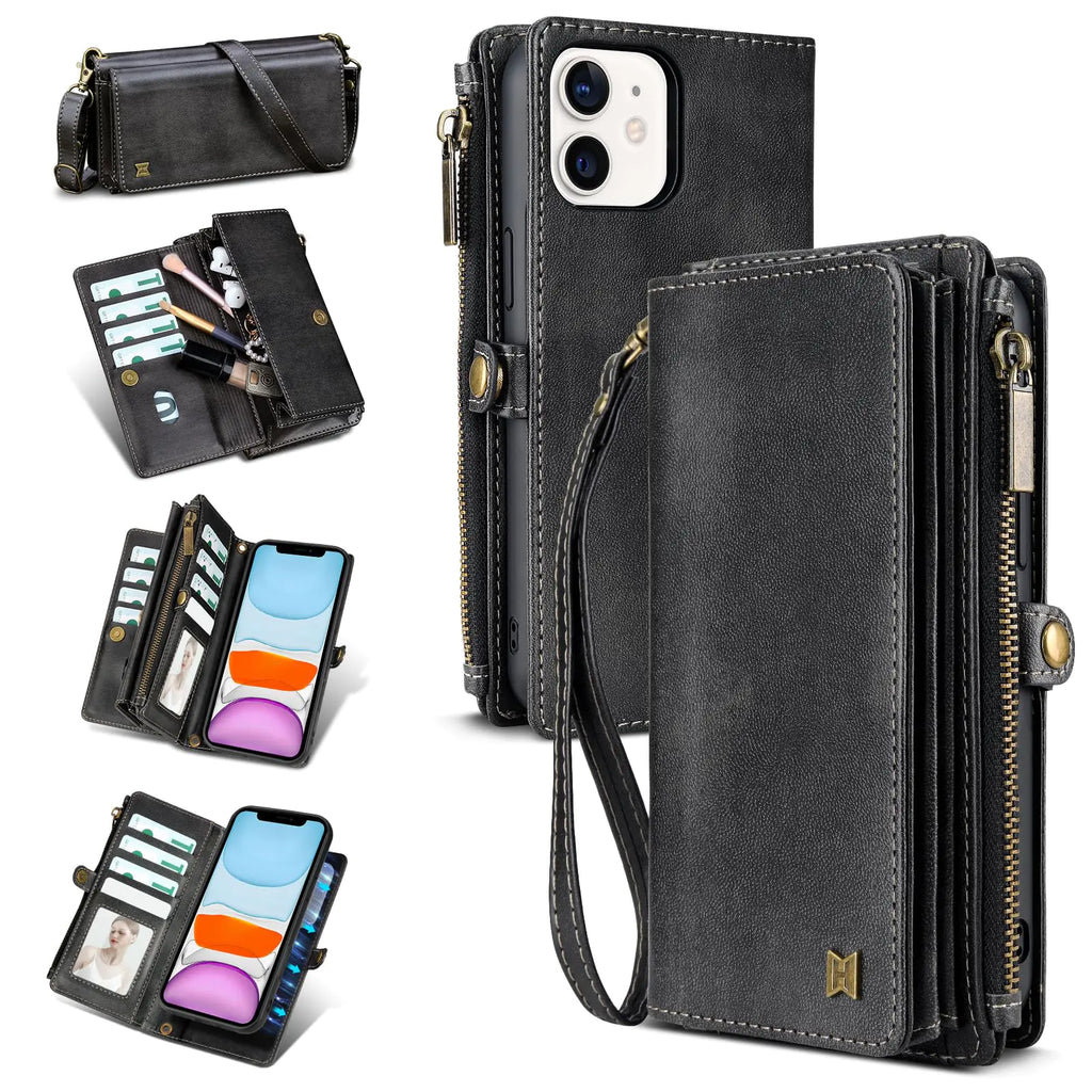 for iPhone 13 Wallet Case(Holds Lipstick, Headphones, etc.),2-in-1 Multi-Functional Portable Magnetic Faux Leather Phone Case with RFID Blocking,Shoulder Strap and Wrist Strap(Blue)