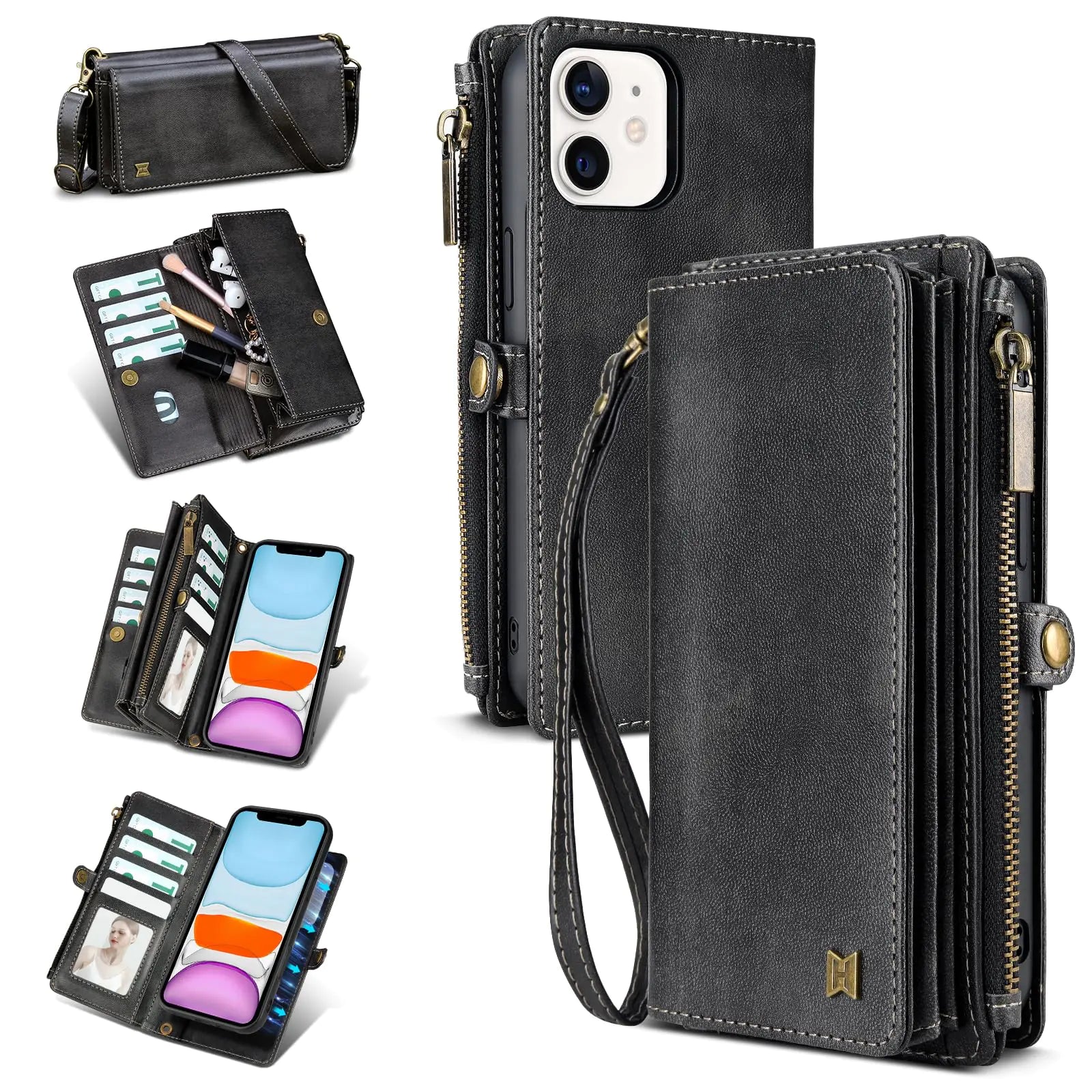 for iPhone 13 Wallet Case(Holds Lipstick, Headphones, etc.),2-in-1 Multi-Functional Portable Magnetic Faux Leather Phone Case with RFID Blocking,Shoulder Strap and Wrist Strap(Blue)