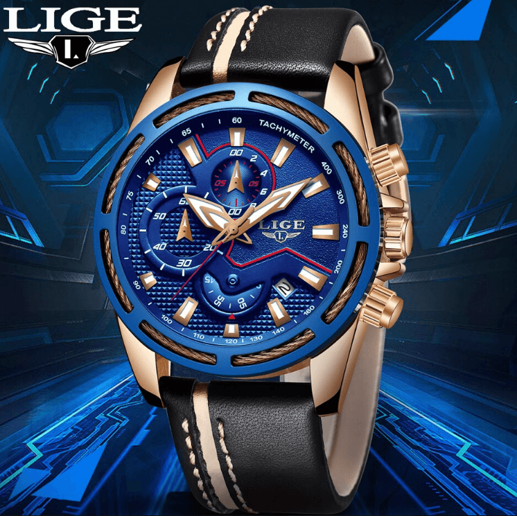 Men's Waterproof Sports Chronograph Watch with Leather Strap