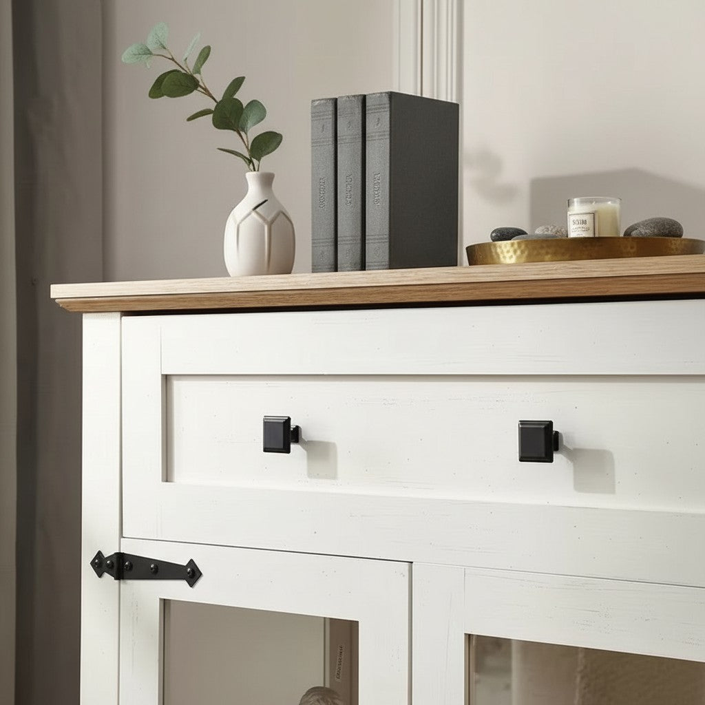 Modern Glass Door Cabinet with Adjustable Shelves, Compact Storage