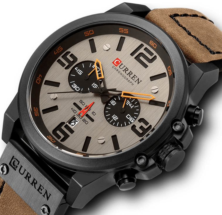Retro Waterproof Chronograph Watch with Leather Strap & Steel Case
