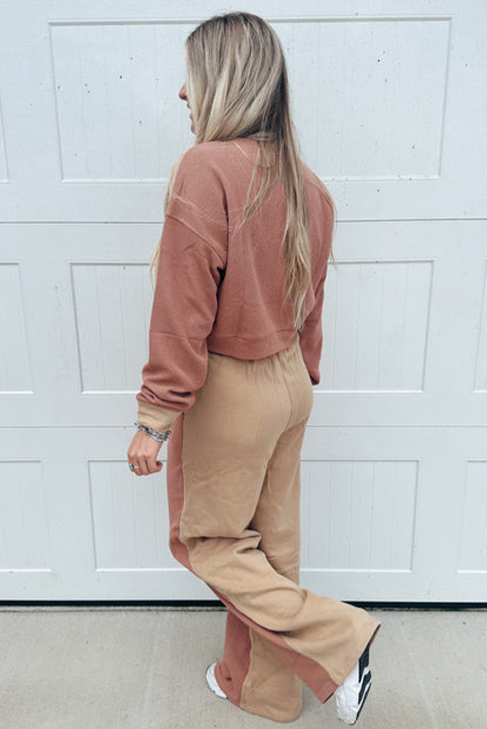 Khaki Color Block Crop Top & Drawstring Pant Set