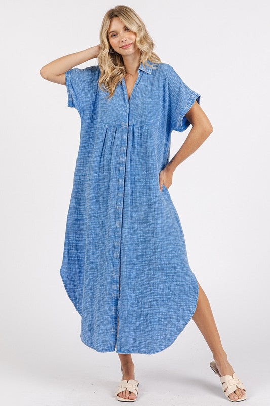 Mineral Wash Blue Button-Up Midi Shirt Dress for Women