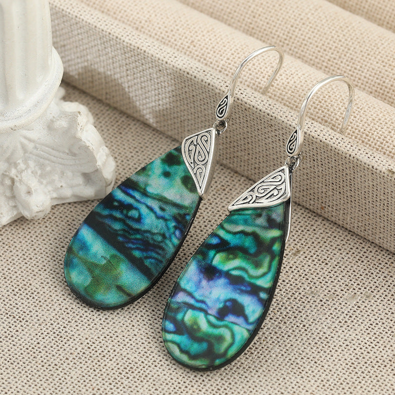 Vintage Iridescent Shell Teardrop Earrings Silver Tone Brass Women Boho Vacation Statement Fashion Jewelry Elegant