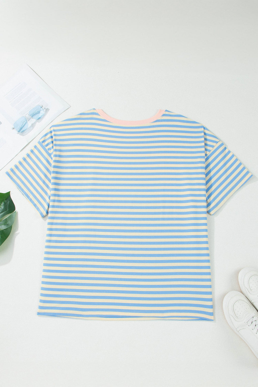 Striped Short Sleeve Tee with Contrast Collar in Blue and Yellow