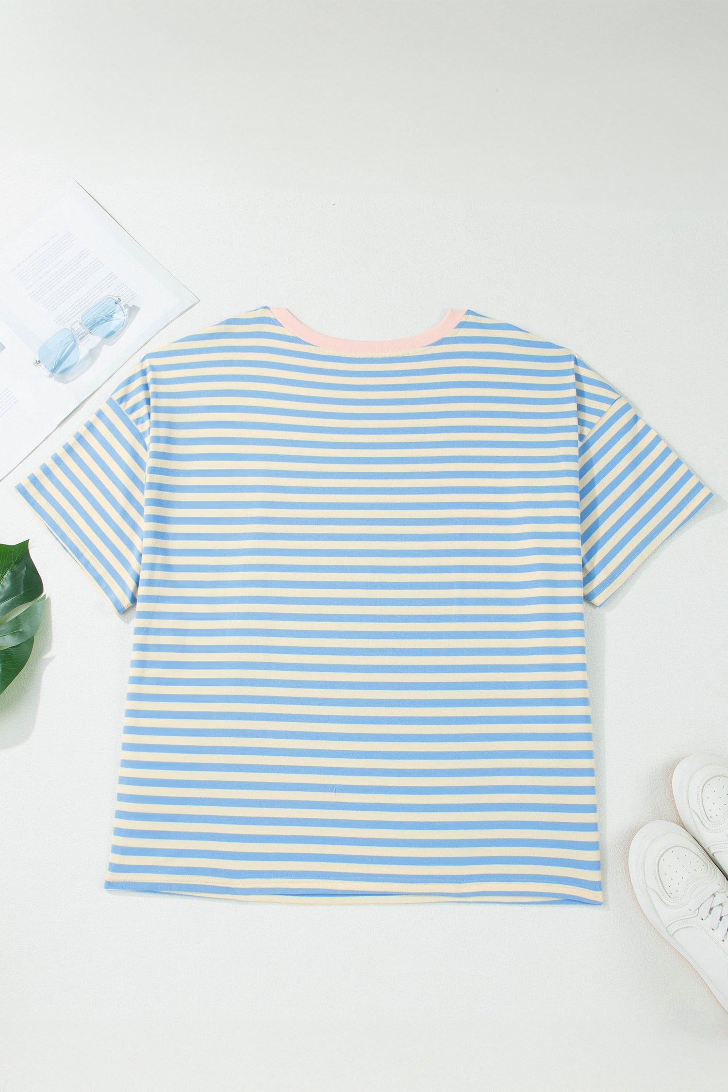 Striped Short Sleeve Tee with Contrast Collar in Blue and Yellow