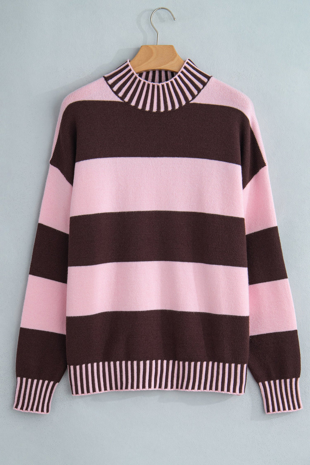 Stripe Contrast Mock Neck Drop Shoulder Sweater