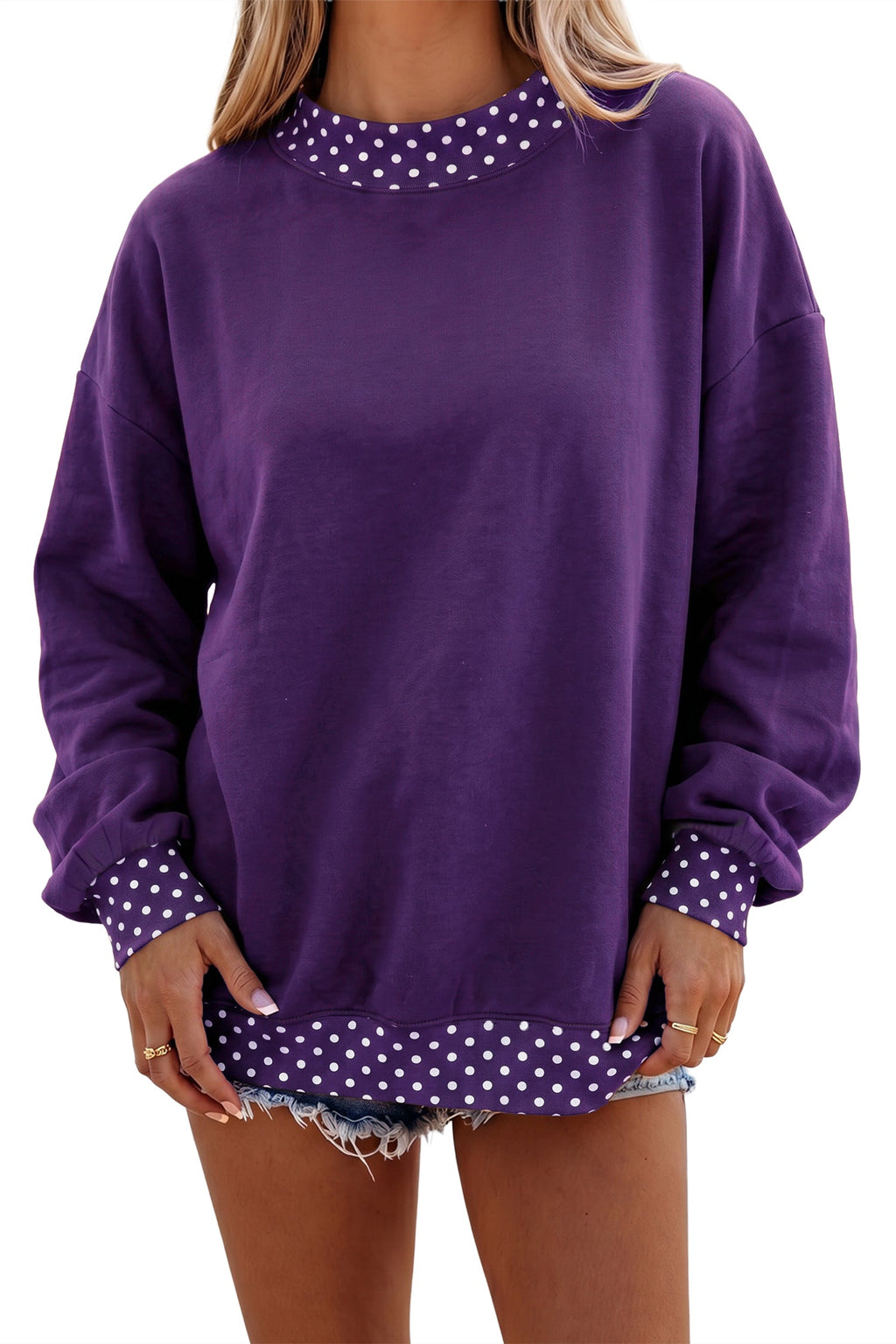 Brown Colorblock Polka Dot Contrast Trim Oversized Sweatshirt