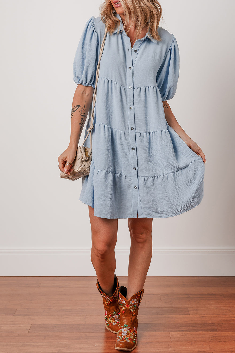 Beau Blue Shirt Collar Button Up Puff Sleeve Tiered Shift Dress