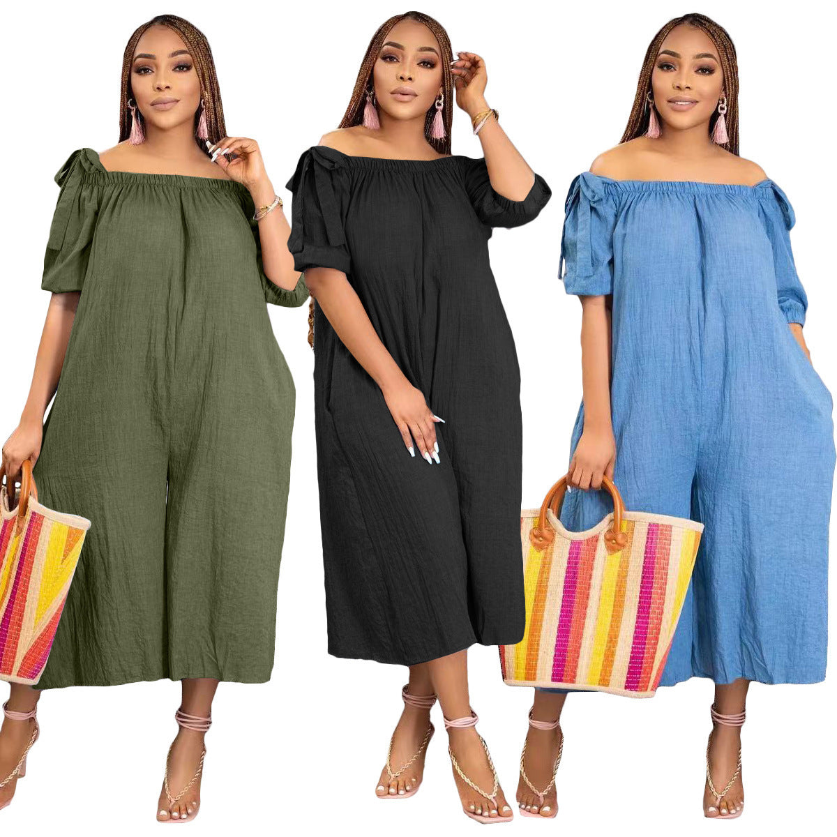 Casual Loose Cropped Denim Jumpsuit with Multi-Pockets