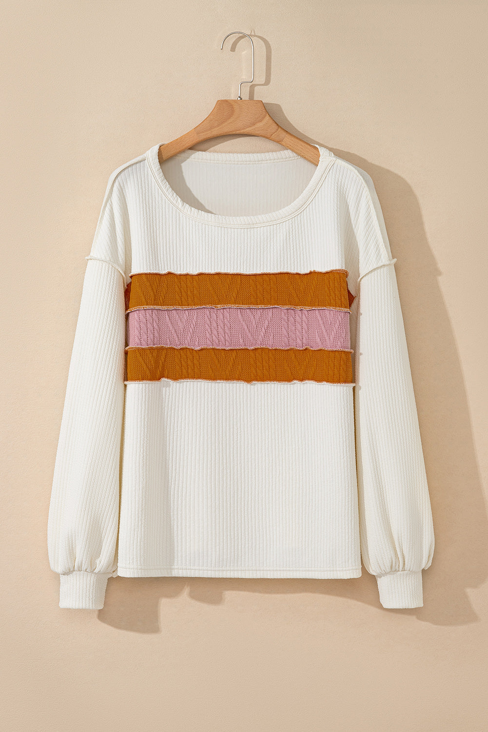 Corded Knit Reverse Seam Patchwork Drop Sleeve Top