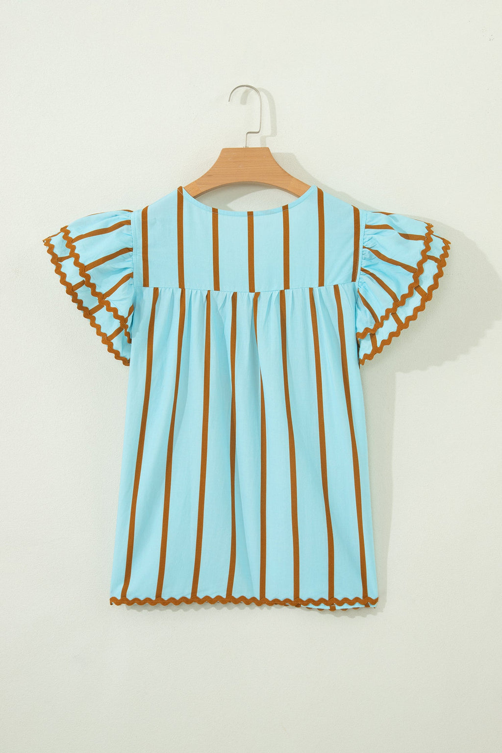 Malaysia Ruffled Short Sleeve Blouse in Light-Blue and Brown