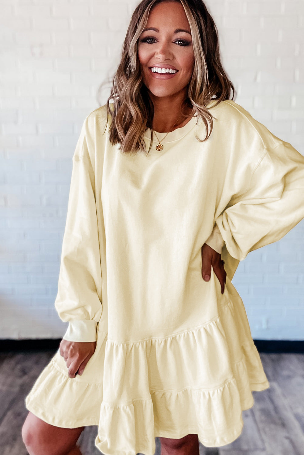 112 Beige Double Tiered Ruffle Long Sleeve Mini Dress