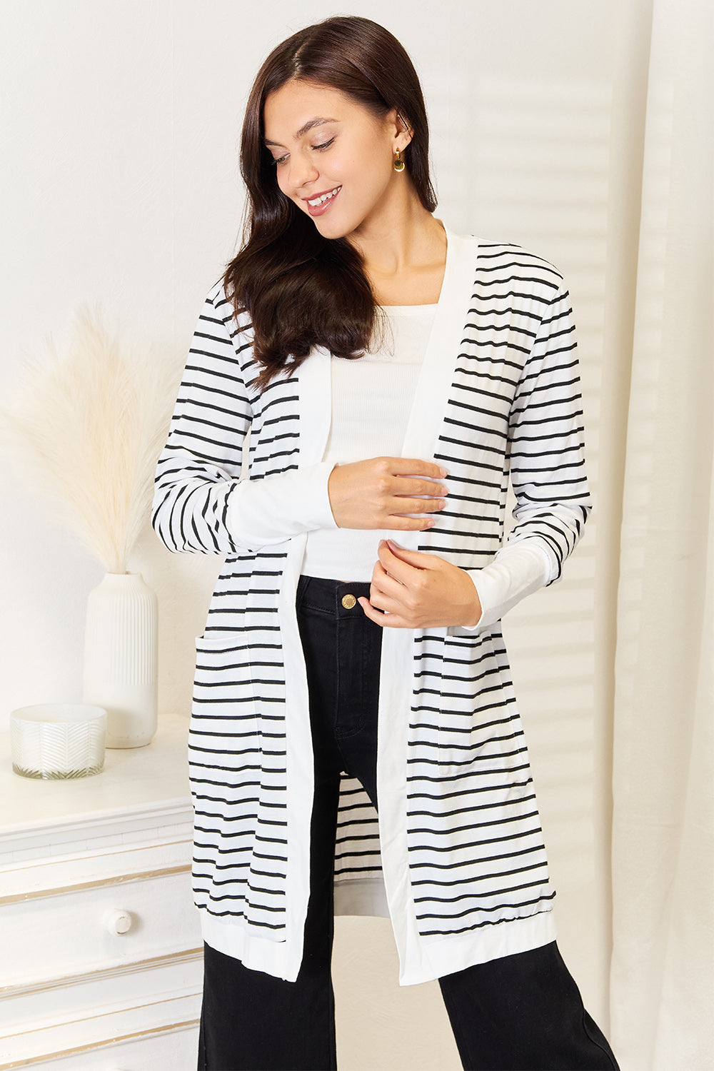 Striped Open Front Longline Cardigan with Pockets