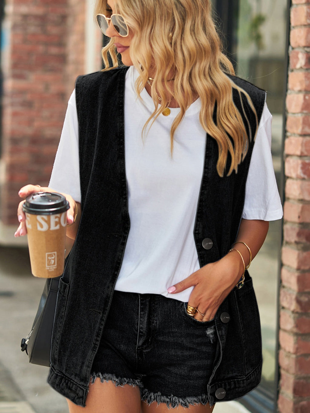 V-Neck Button Up Denim Vest | Rayon Blend