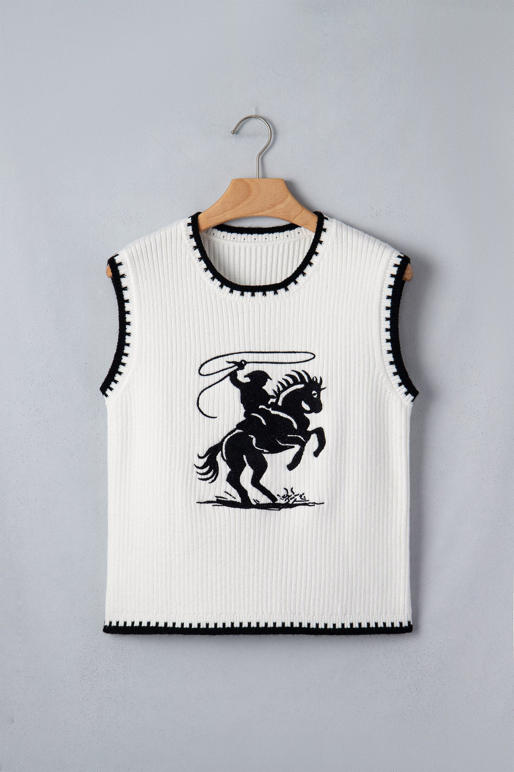White Rodeo Cowboy Graphic Ribbed Knit Sweater Vest - Image 2