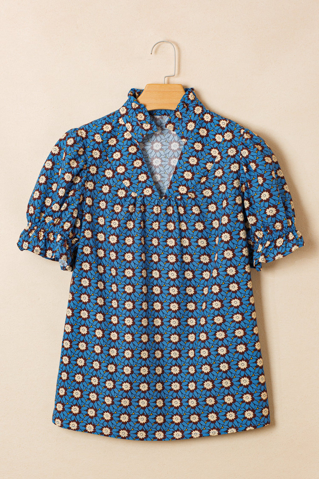 Chelsea Floral Short Puff Sleeve Blouse with Smocked Ruffle Cuffs
