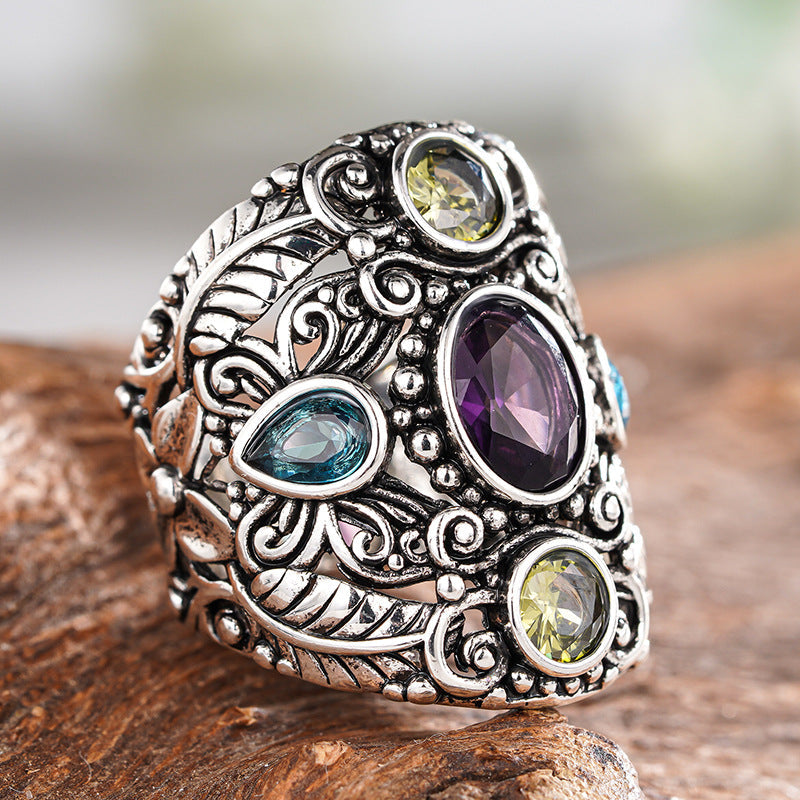 Cao Shi Ethnic Style Vintage Retro Ring For Women, Exaggerated Leaf Texture Jewelry, Popular On Amazon In Europe And America