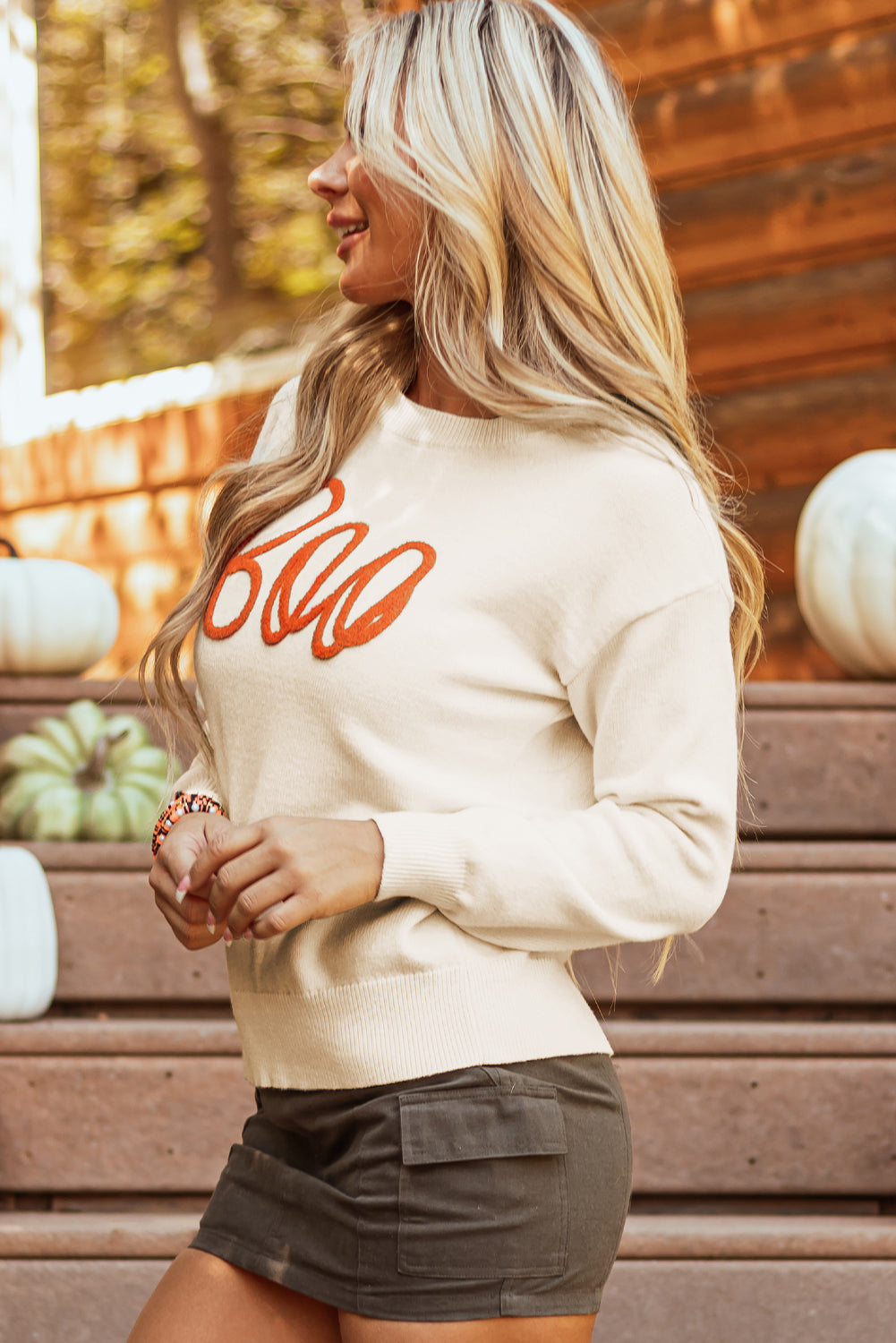 Boo Knitted Pattern Ribbed Edge Sweater