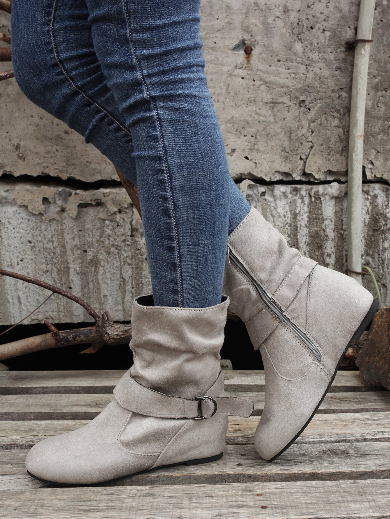 Women's Ankle Boots with Buckle Belt & Side Zip