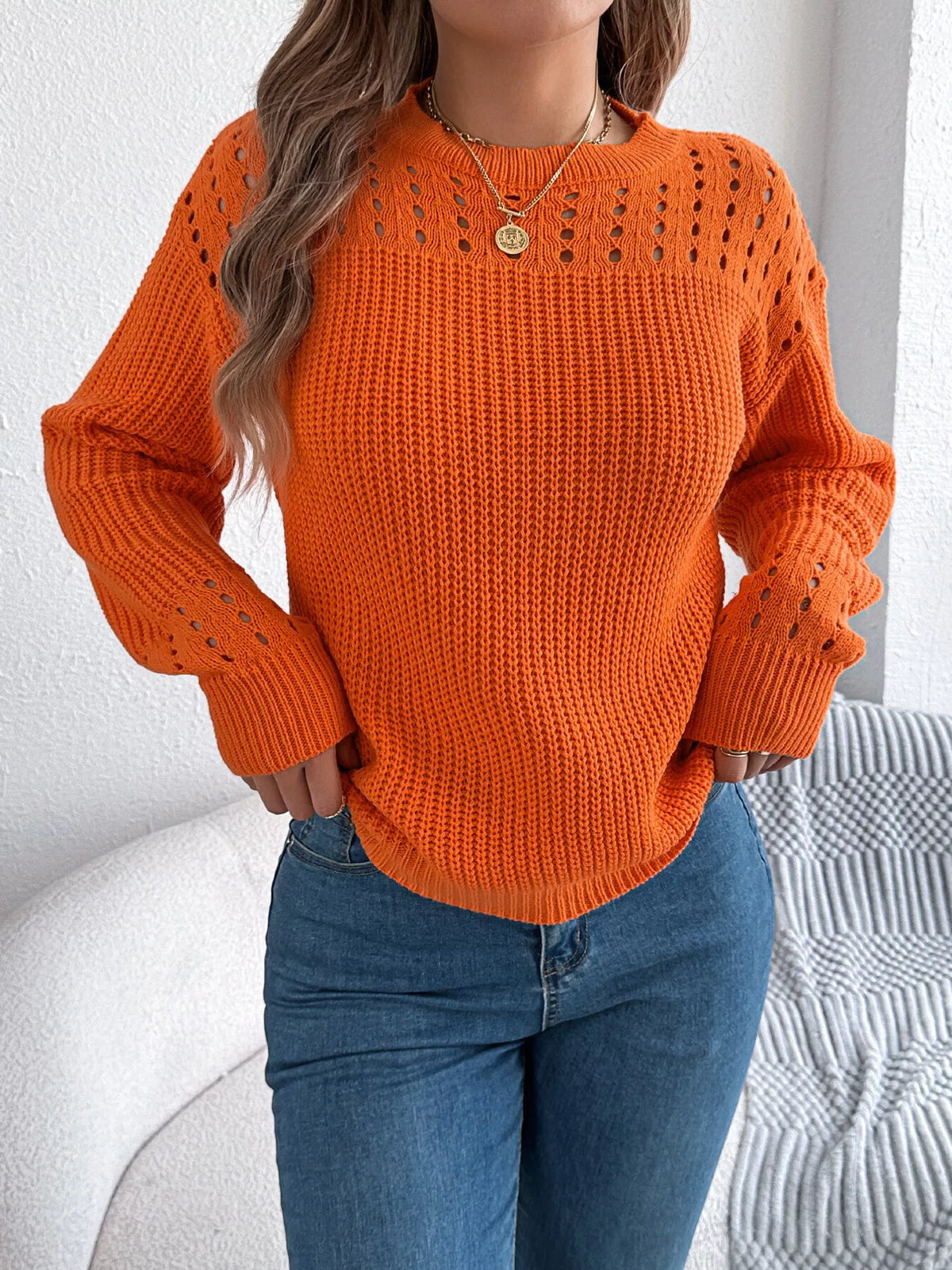 Openwork Round Neck Long Sleeve Sweater