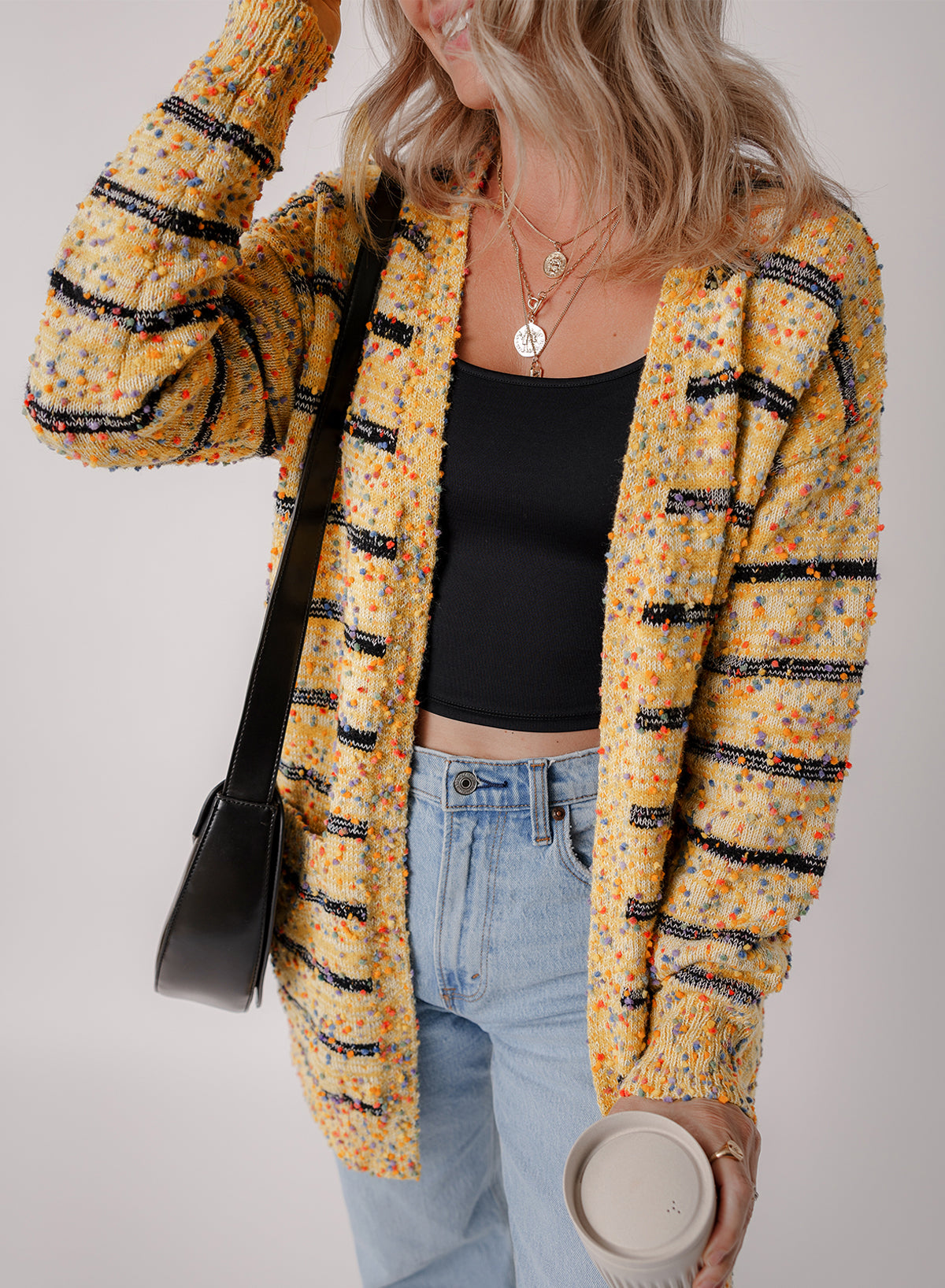 Yellow Striped Pom Pom Knit Open Front Long Cardigan Sweater