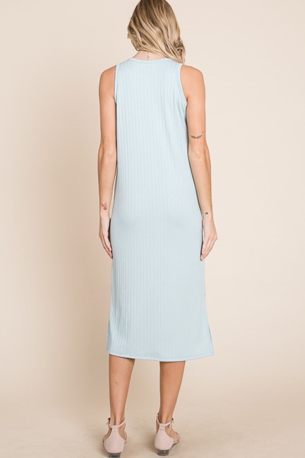 Light-Blue Ribbed Knit Sleeveless Midi Dress