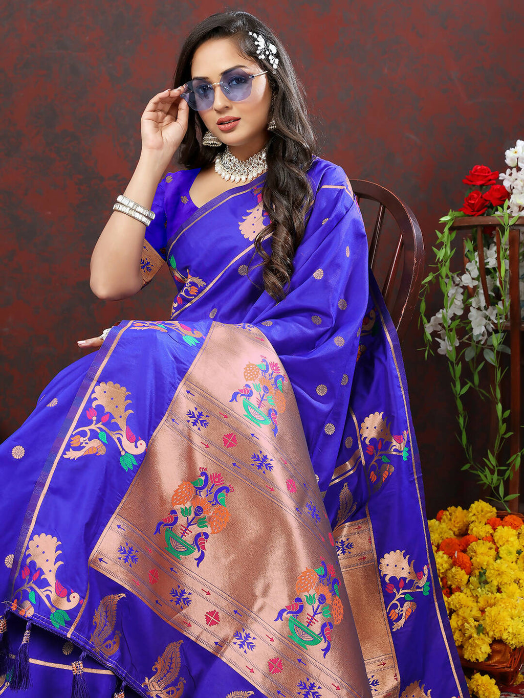 Lorenvalley Fashion Blue Soft Paithani Silk Woven Design Copper Zari Meenakari Weaving Saree