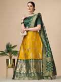Yellow brocade lehenga choli set with dupatta and unstitched blouse