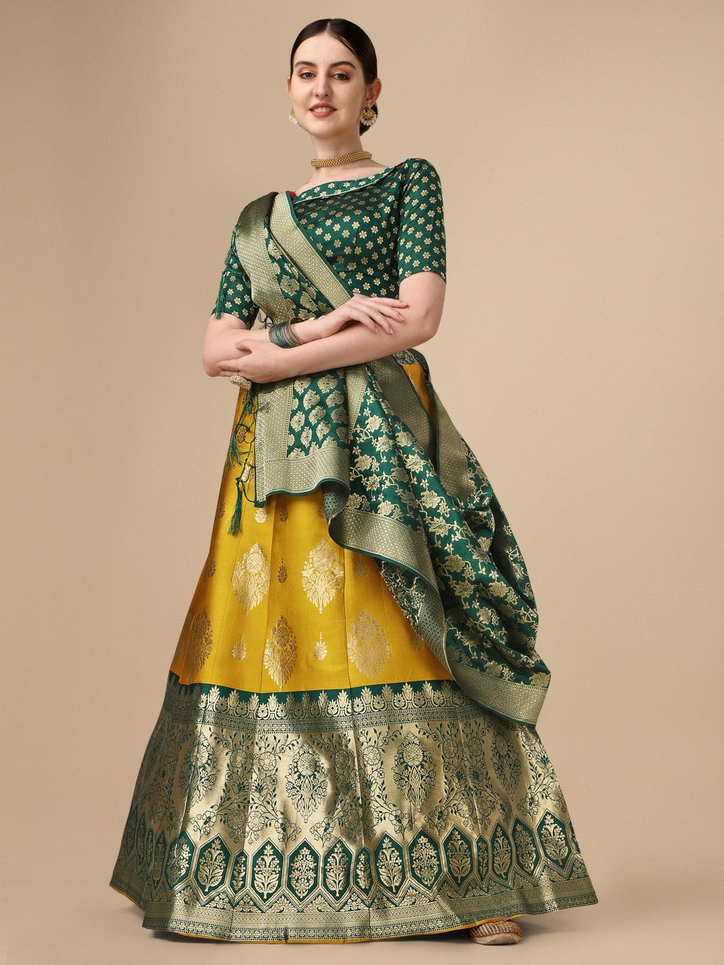 Yellow Brocade Lehenga Choli Set with Unstitched Blouse