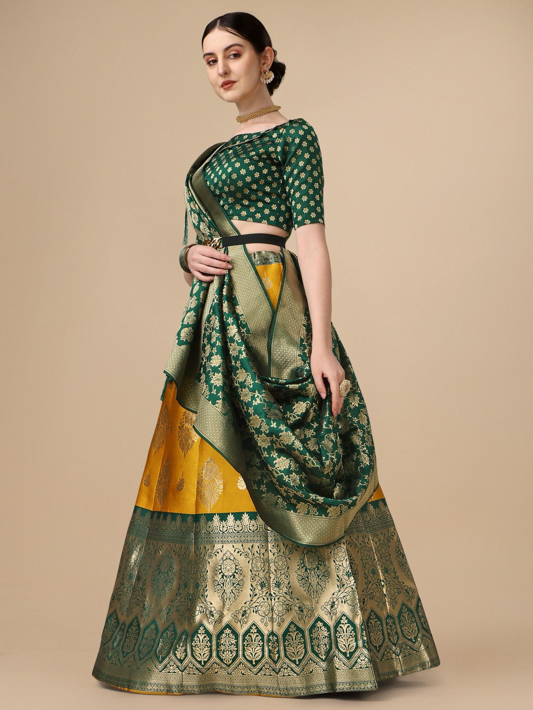 Yellow Brocade Lehenga Choli Set with Unstitched Blouse
