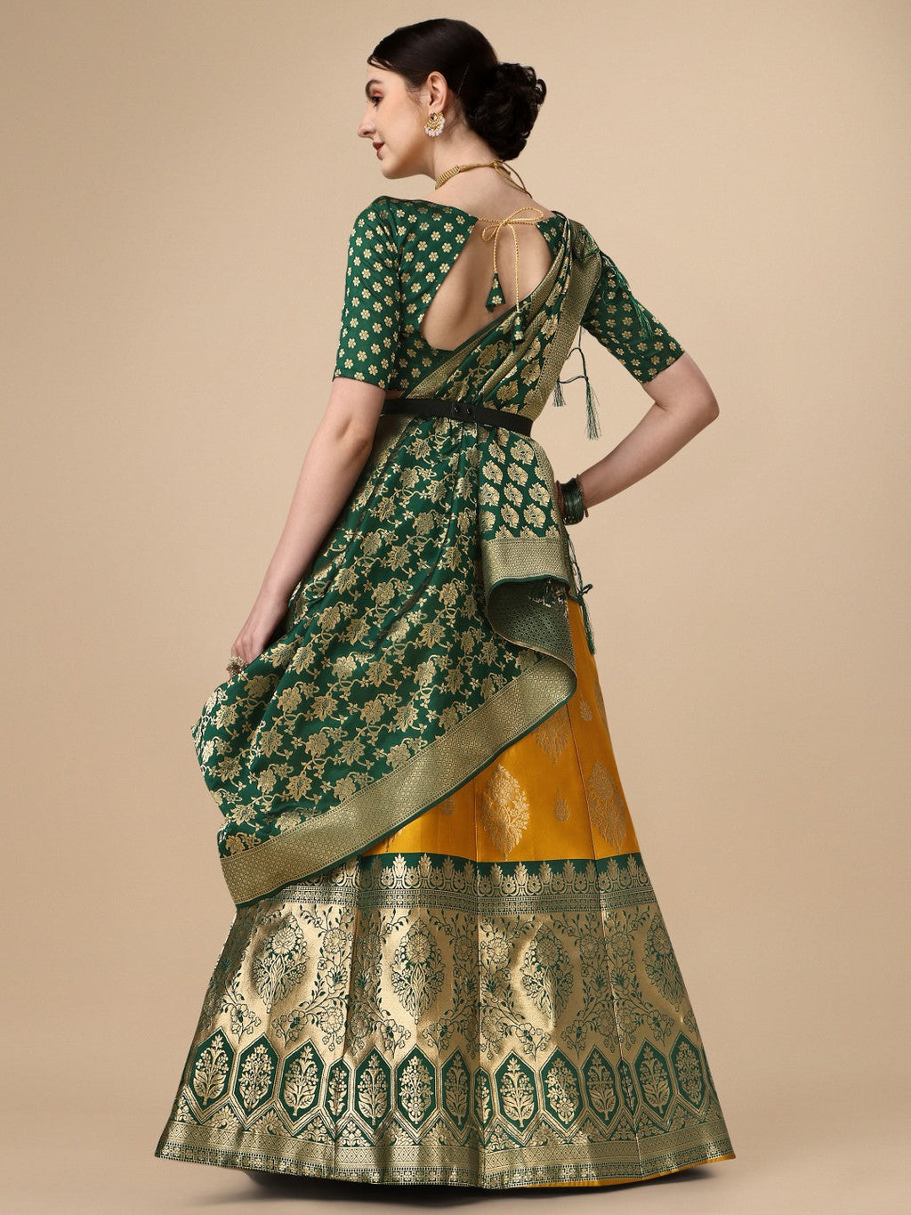 Yellow Brocade Lehenga Choli Set with Unstitched Blouse